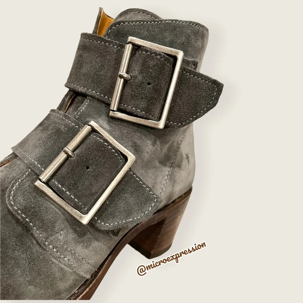 $399 Frye Sabrina Double Buckle Academia Grey Suede Leather Block Heel AnkleBoot - Picture 15 of 16